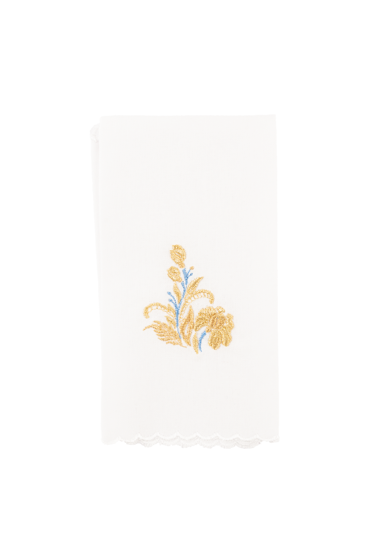 Alfaia litúrgica branca com bordado floral dourado e azul e acabamento rendado