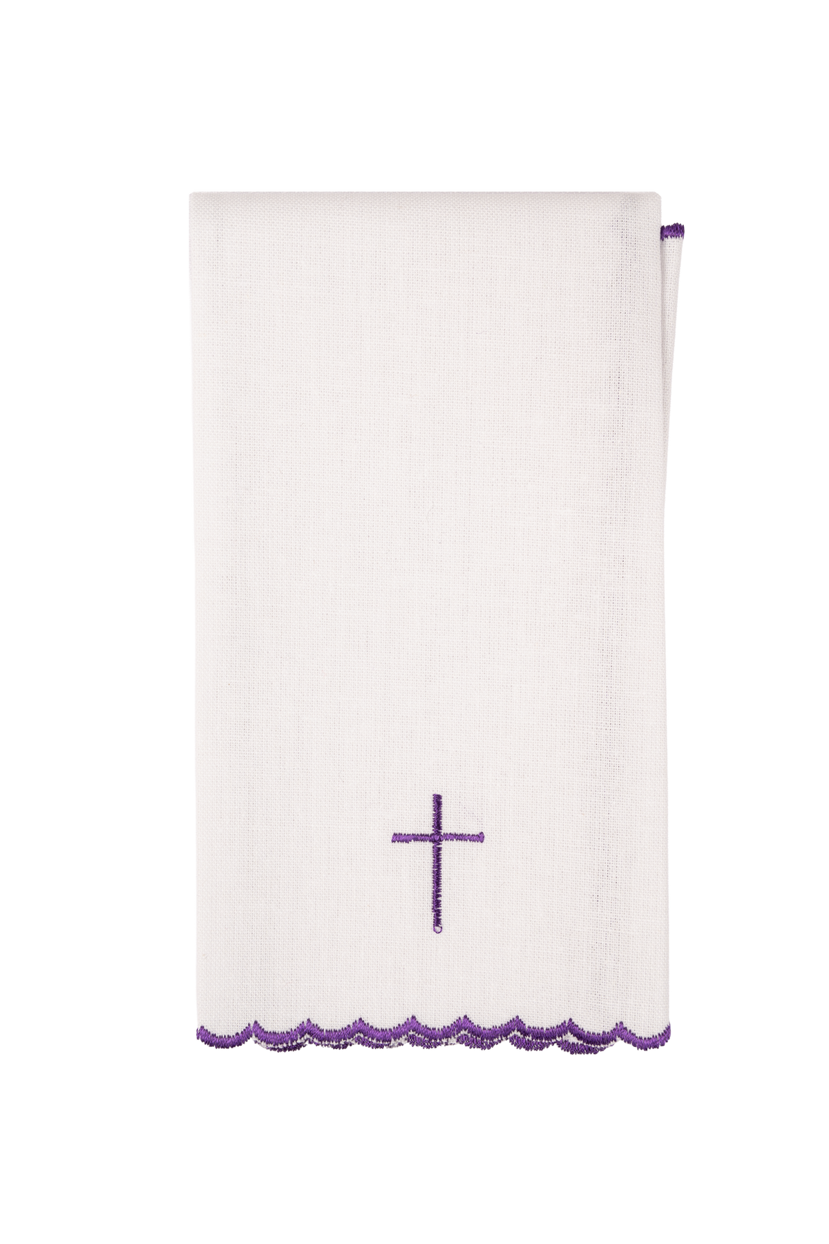 Alfaia litúrgica Via Sacra dobrada, branca, com cruz roxa e acabamento roxo