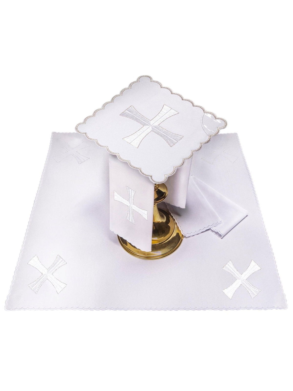 Conjunto de alfaias litúrgicas bordado com acabamento prateado, branco, com cruzes bordadas