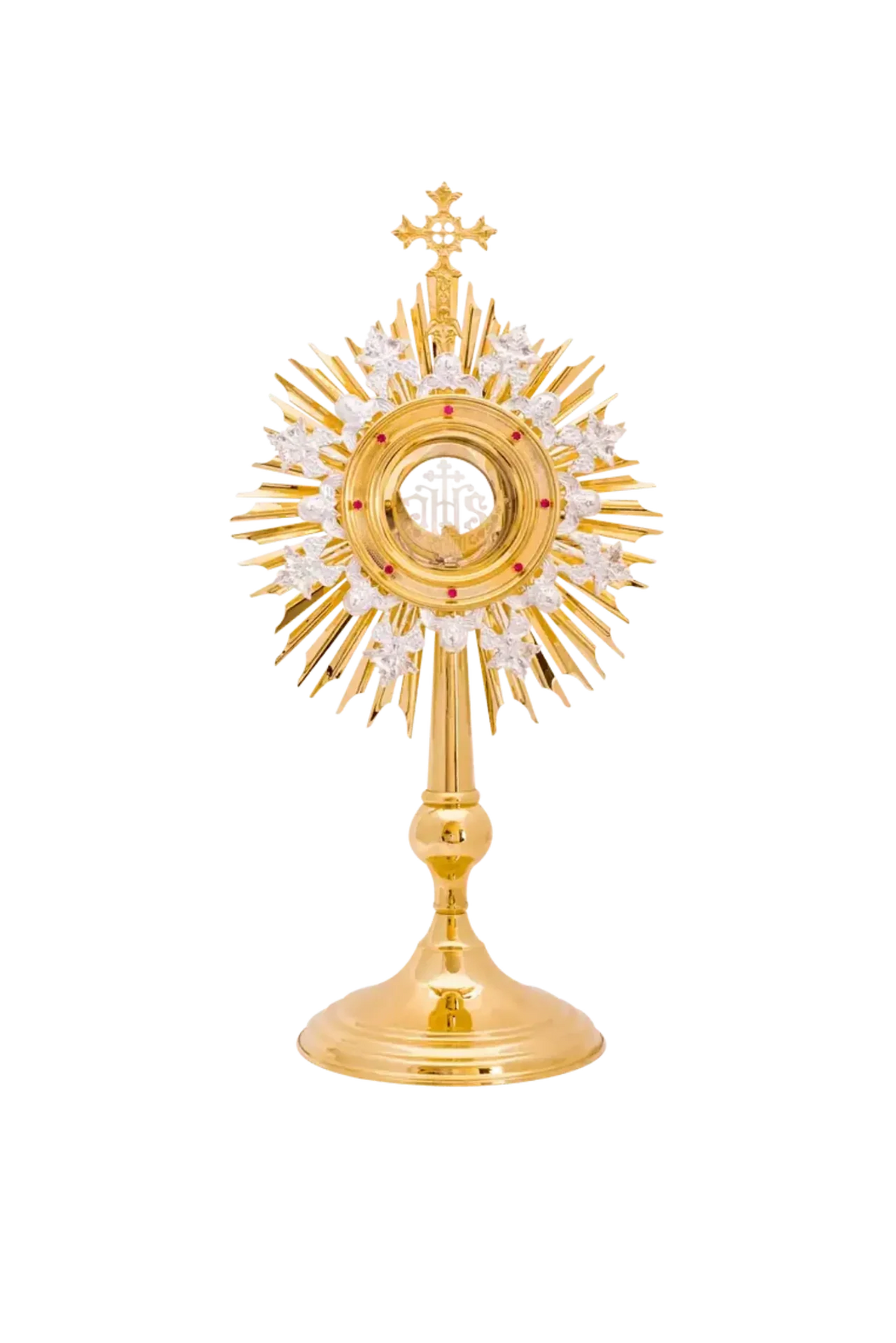 Ostensório artesanal de latão dourado, vista frontal com raios dourados, detalhes prateados e cruz no topo