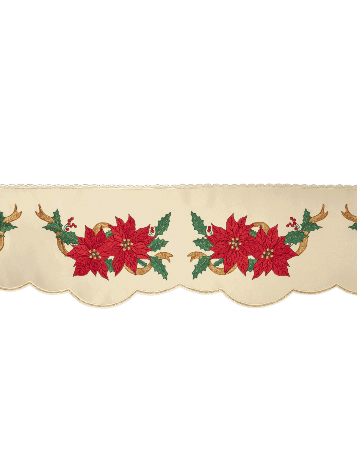 Tecido a metro para toalha de altar com bordado frontal Estrela de Belém, creme, com flores vermelhas e folhas verdes