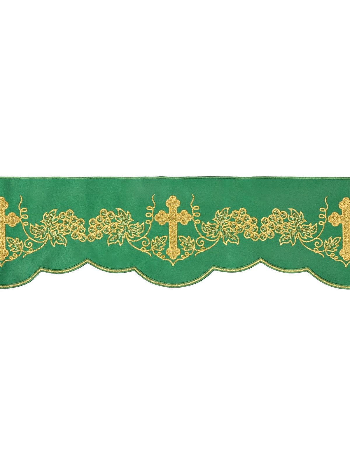 Tecido a metro para toalha de altar verde com bordado frontal de Cruz e Uvas, vista ampla
