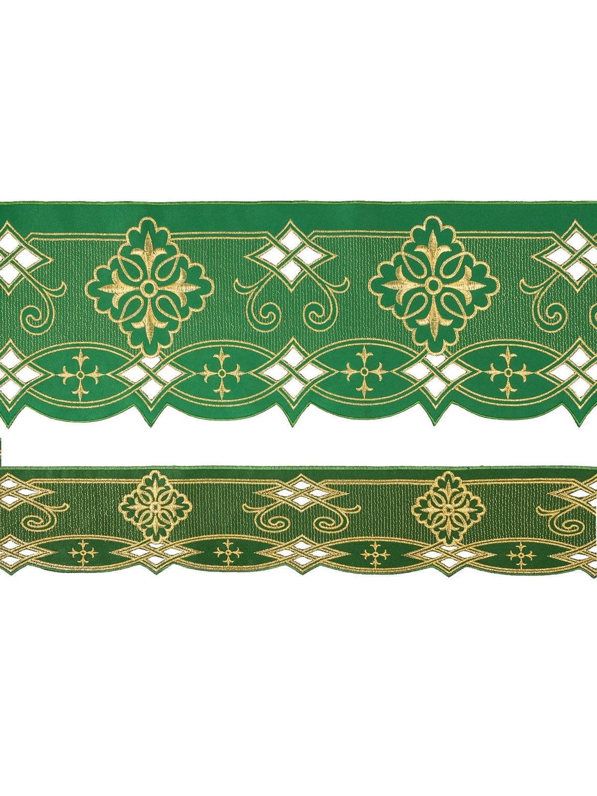 Tecido a metro para toalha de altar com bordado frontal Roseta verde, faixa verde com bordado dourado