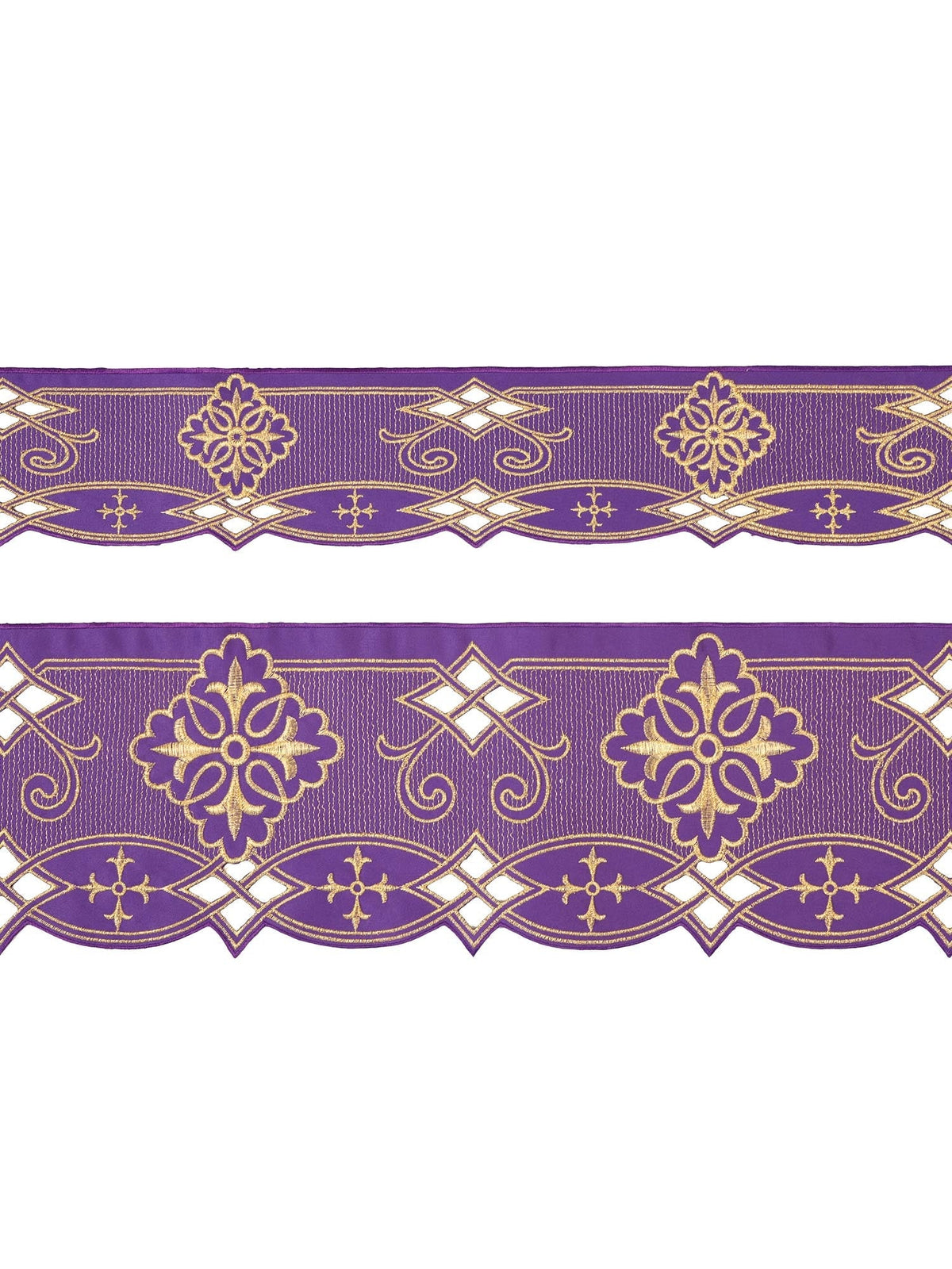 Tecido a metro para toalha de altar com bordado Roseta roxo, faixa com flores e arabescos dourados