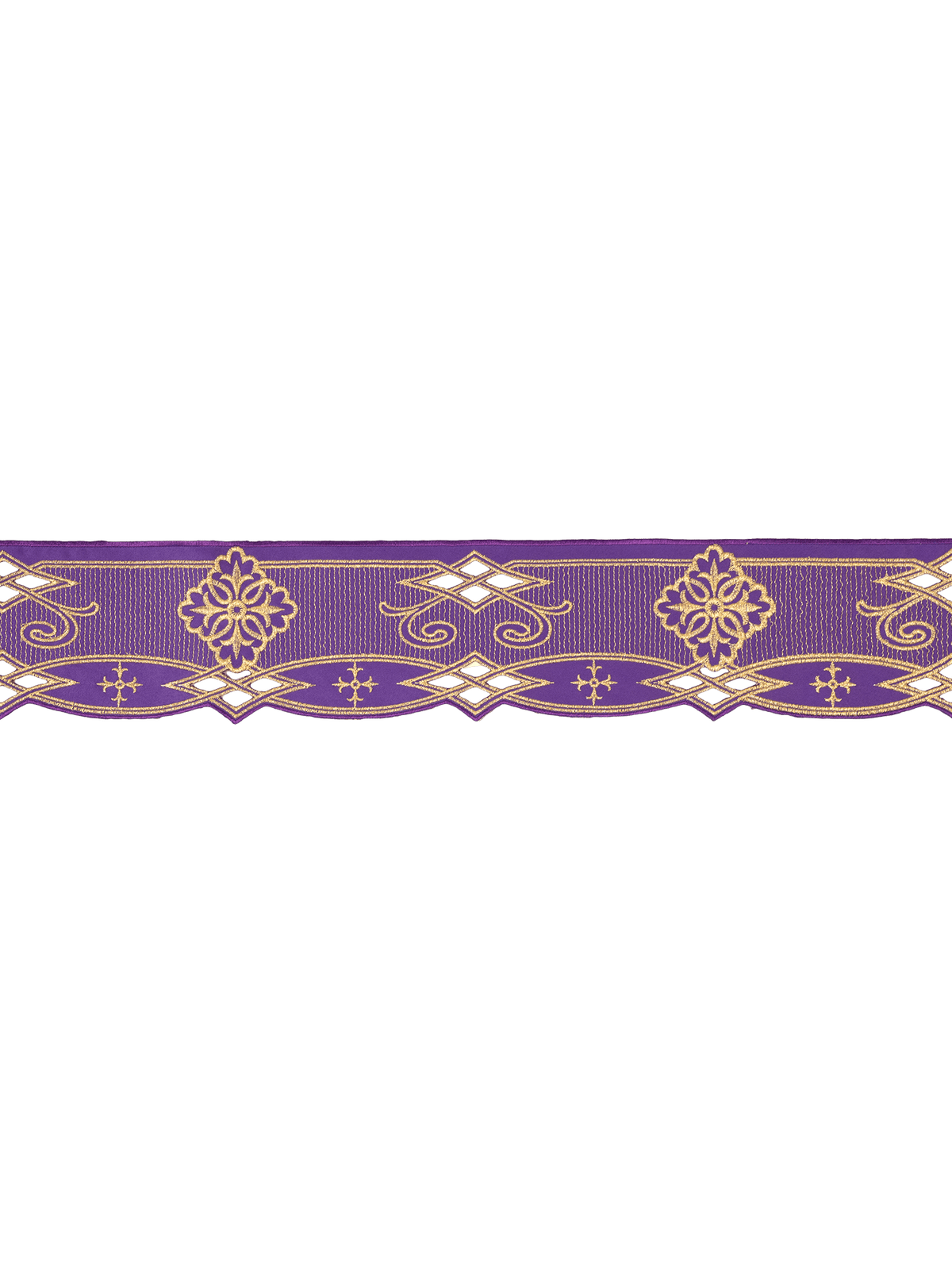 Tecido para toalha de altar roxo, faixa bordada com rosetas, cruzes e losangos