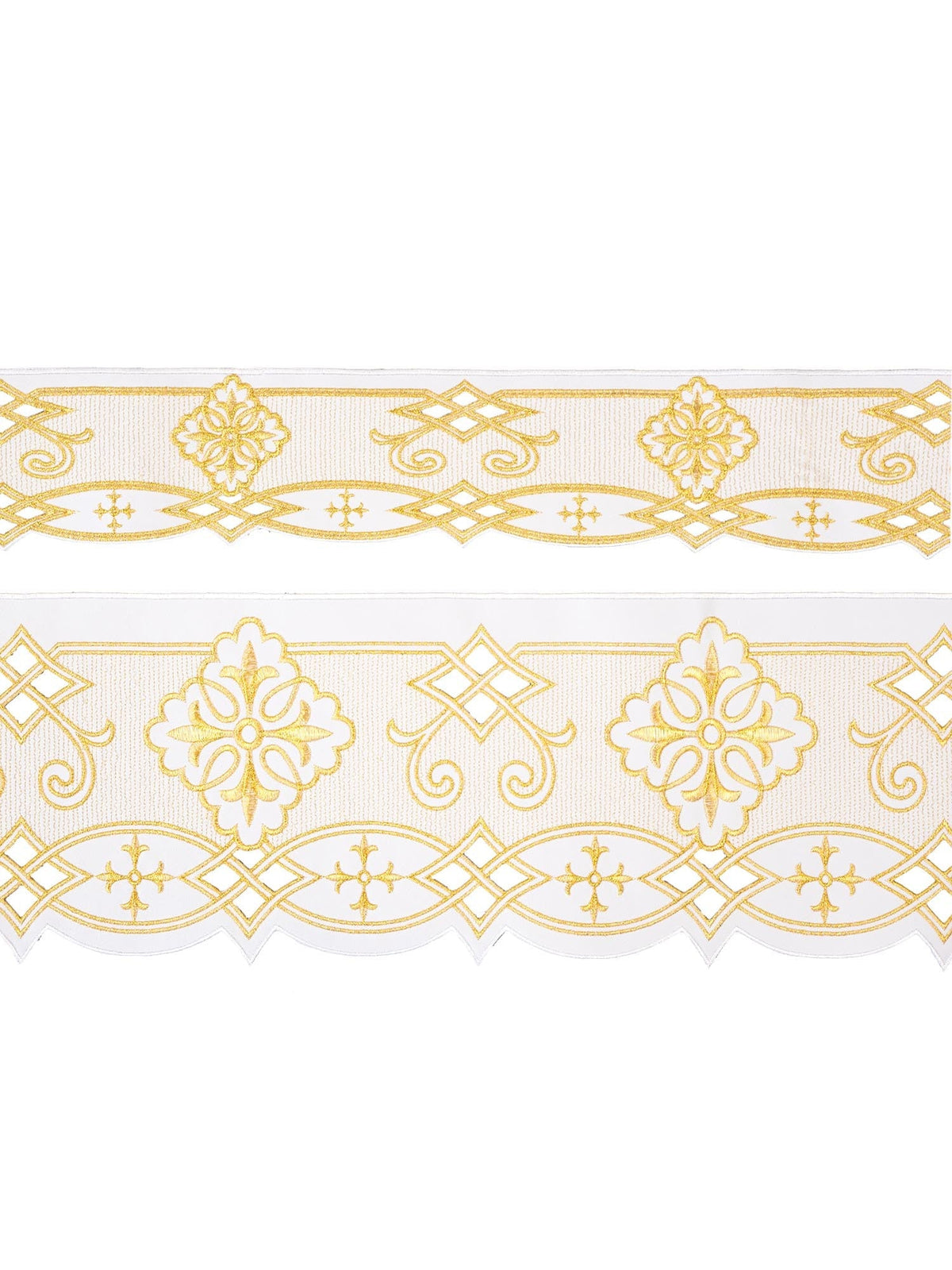 Tecido a metro branco com bordado frontal Roseta para toalha de altar, vista ampla com bordado dourado