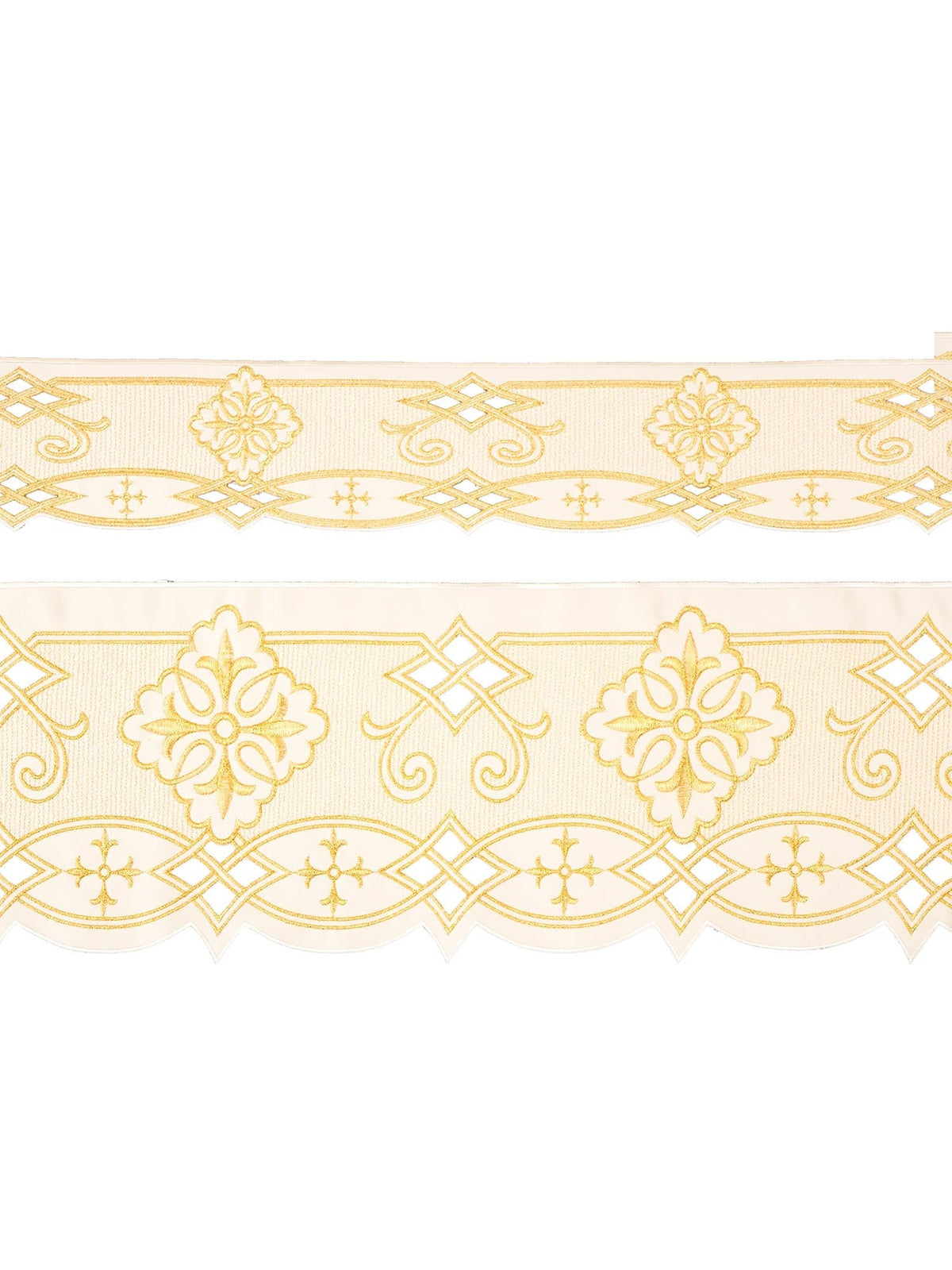 Tecido a metro para toalha de altar com bordado frontal Roseta creme, faixa bordada dourada