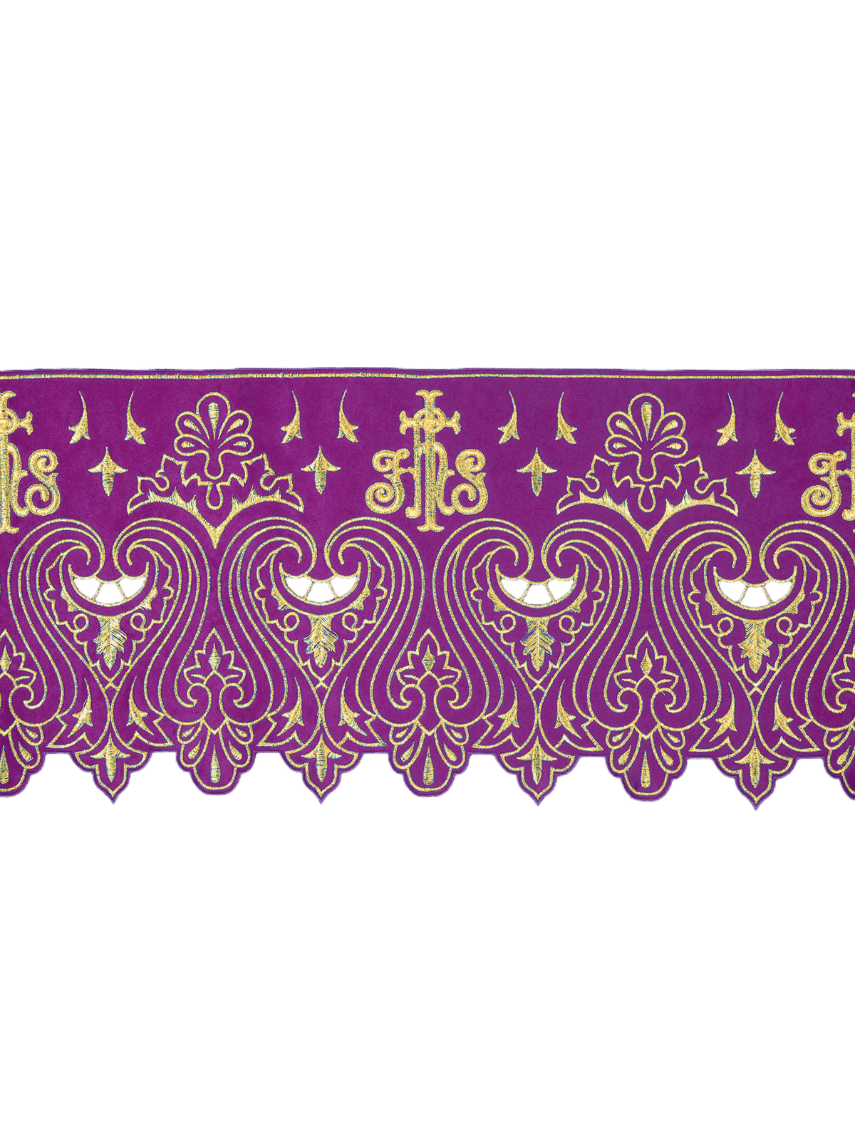 Tecido a metro para toalha de altar com bordado frontal monograma IHS roxo, vista do padrão completo