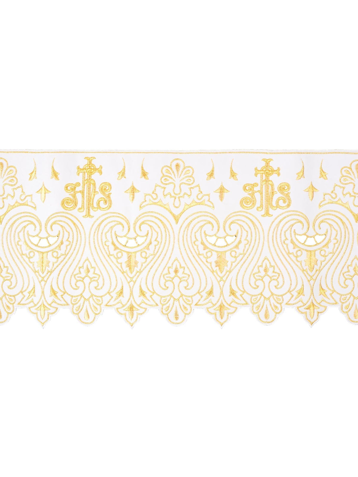 Tecido a metro para toalha de altar com bordado frontal monograma IHS branco, vista ampla com arabescos dourados