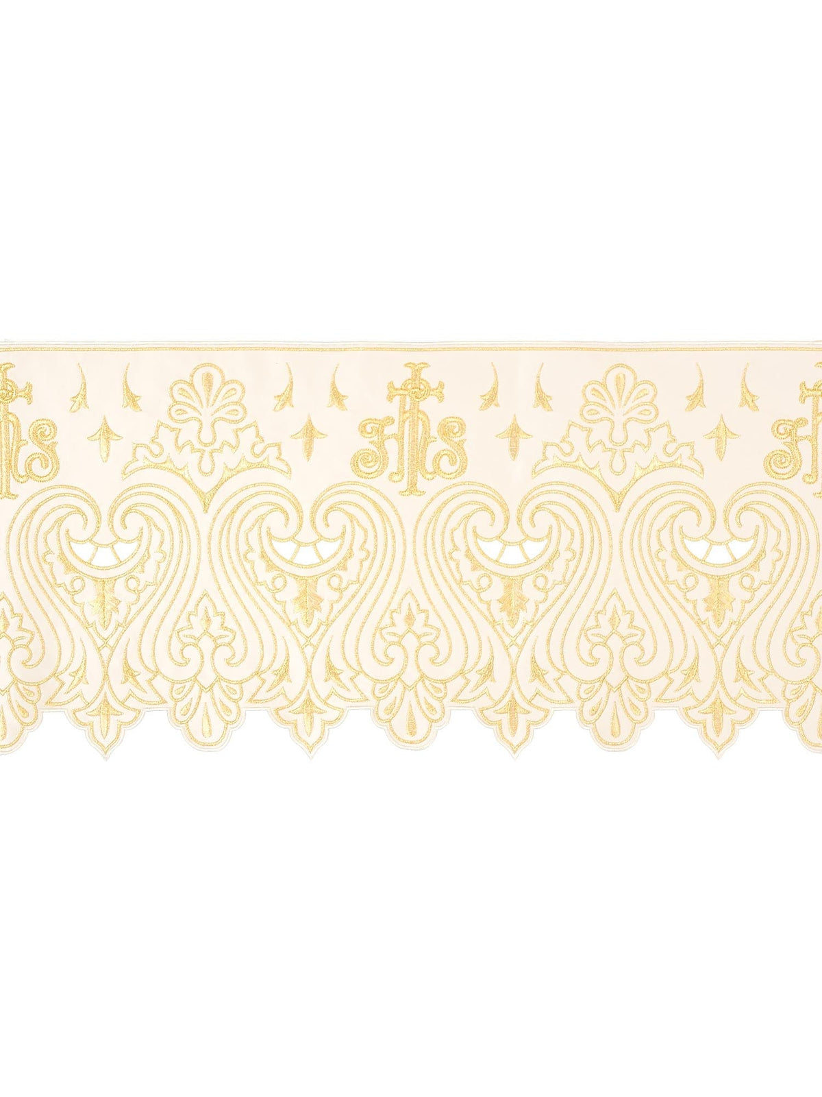 Tecido a metro para toalha de altar com bordado frontal monograma IHS creme, vista ampla com arabescos dourados