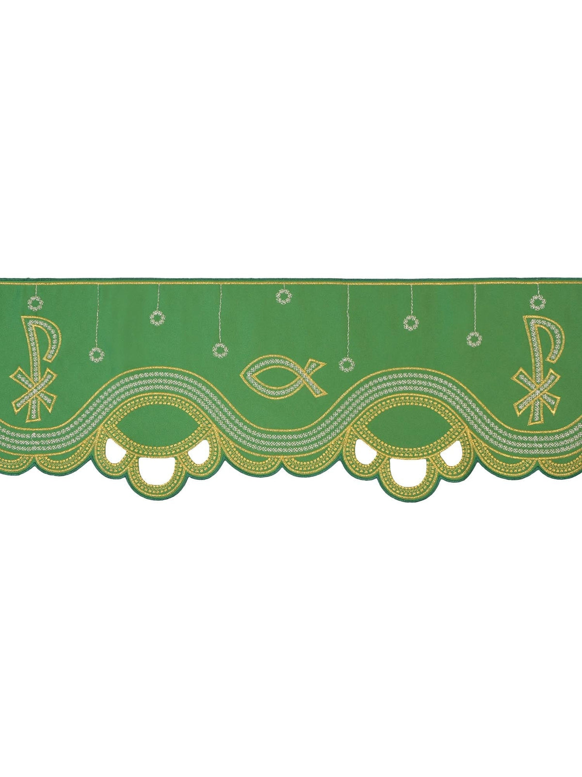 Tecido a metro para toalha de altar com bordado frontal PAX verde, vista frontal com bordado dourado e prateado