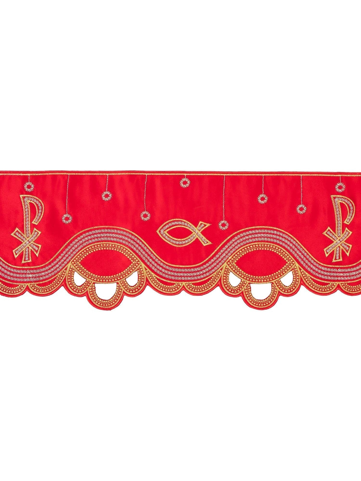 Tecido a metro para toalha de altar com bordado frontal PAX vermelho, vista frontal com peixe e símbolos bordados