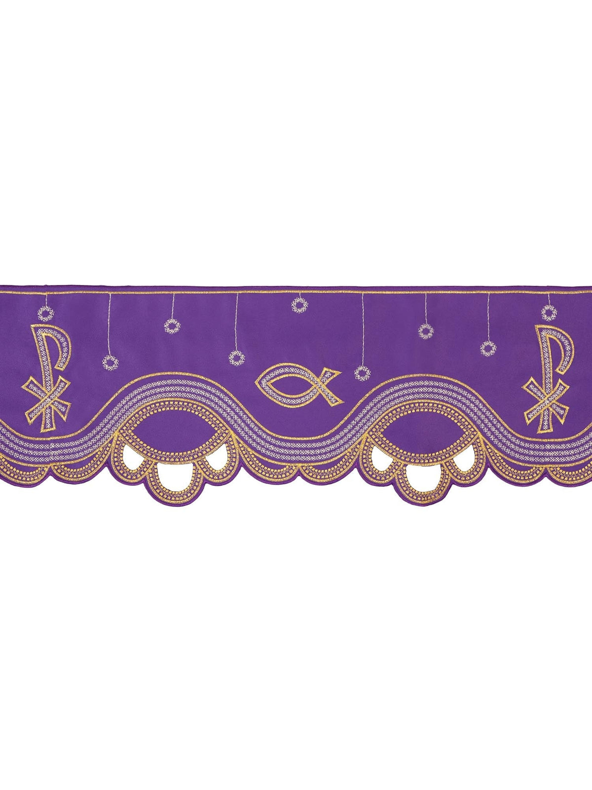 Tecido a metro para toalha de altar com bordado frontal PAX roxo, faixa com acabamento dourado e símbolos litúrgicos