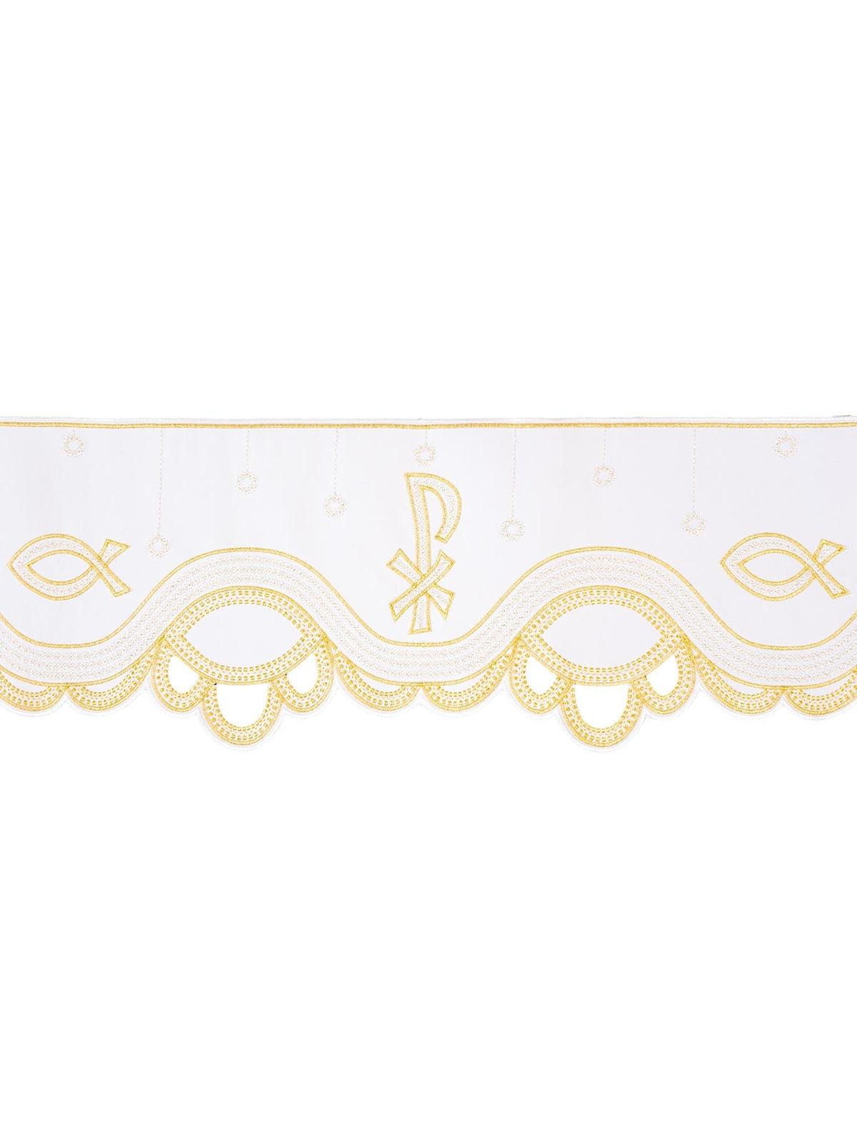 Tecido a metro para toalha de altar com bordado frontal PAX Branco, vista frontal com bordado dourado e prateado