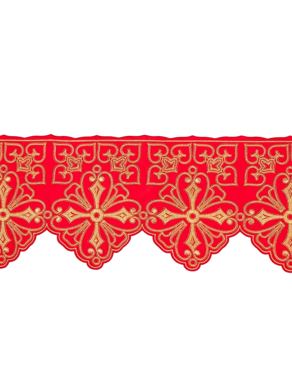 Tecido a metro para toalha de altar com bordado frontal Roseta Vermelha, faixa vermelha com bordado dourado ornamental