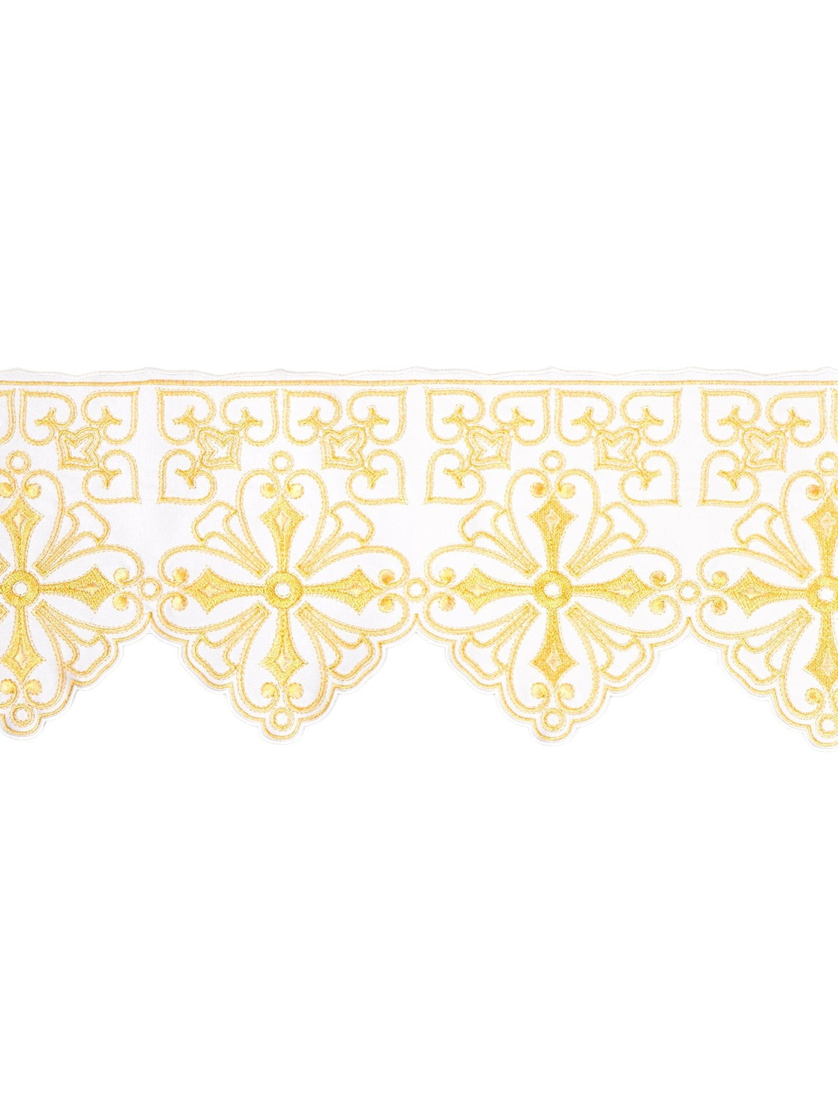 Tecido a metro com bordado frontal Roseta branco, faixa de bordado dourado com motivos florais