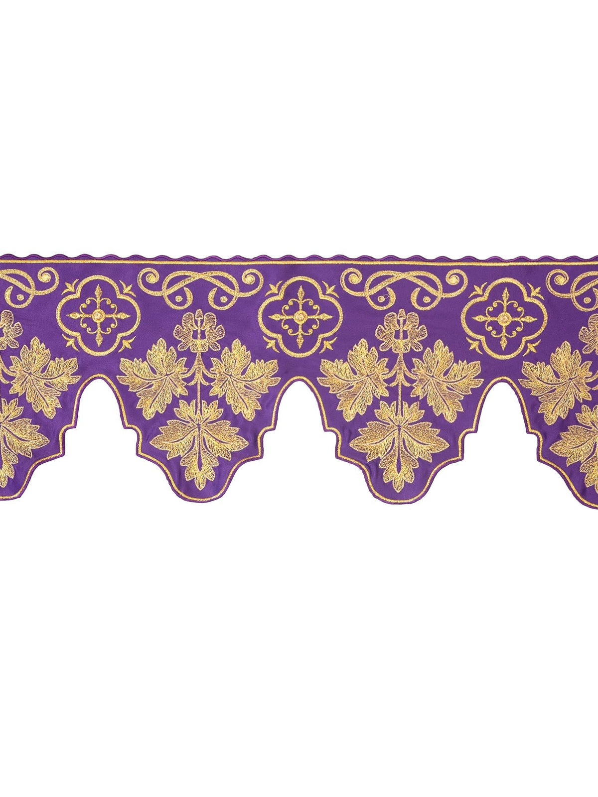 Tecido a metro para toalha de altar com bordado frontal Cruz Roxo, faixa roxa com bordados dourados