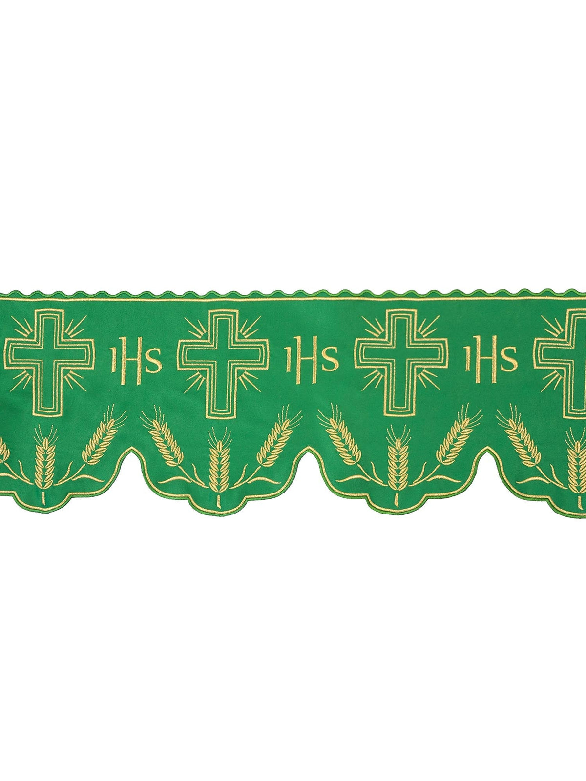 Renda para toalha de altar com monograma IHS creme e motivo de cruz, faixa verde com bordados dourados
