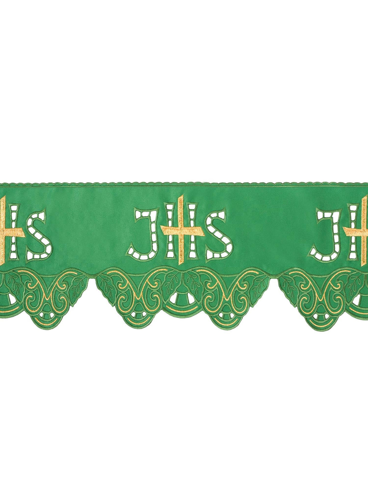 Renda para toalha de altar com bordado frontal IHS Cruz verde, vista frontal com letras IHS, cruzes e arabescos dourados