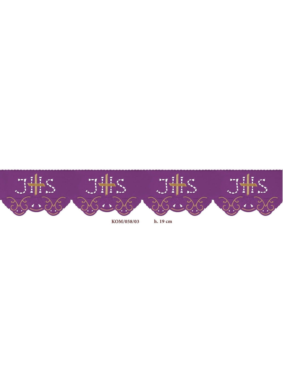 Tecido a metro para toalha de altar roxo com bordado IHS Cruz, faixa com bordado repetido e acabamento ornamental dourado