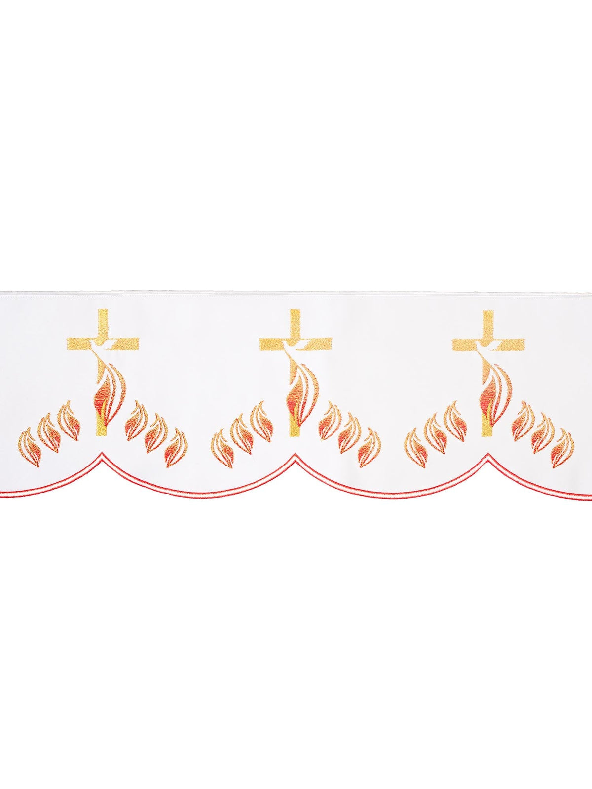 Tecido a metro para toalha de altar com bordado frontal Cruz com chamas, branco, vista frontal