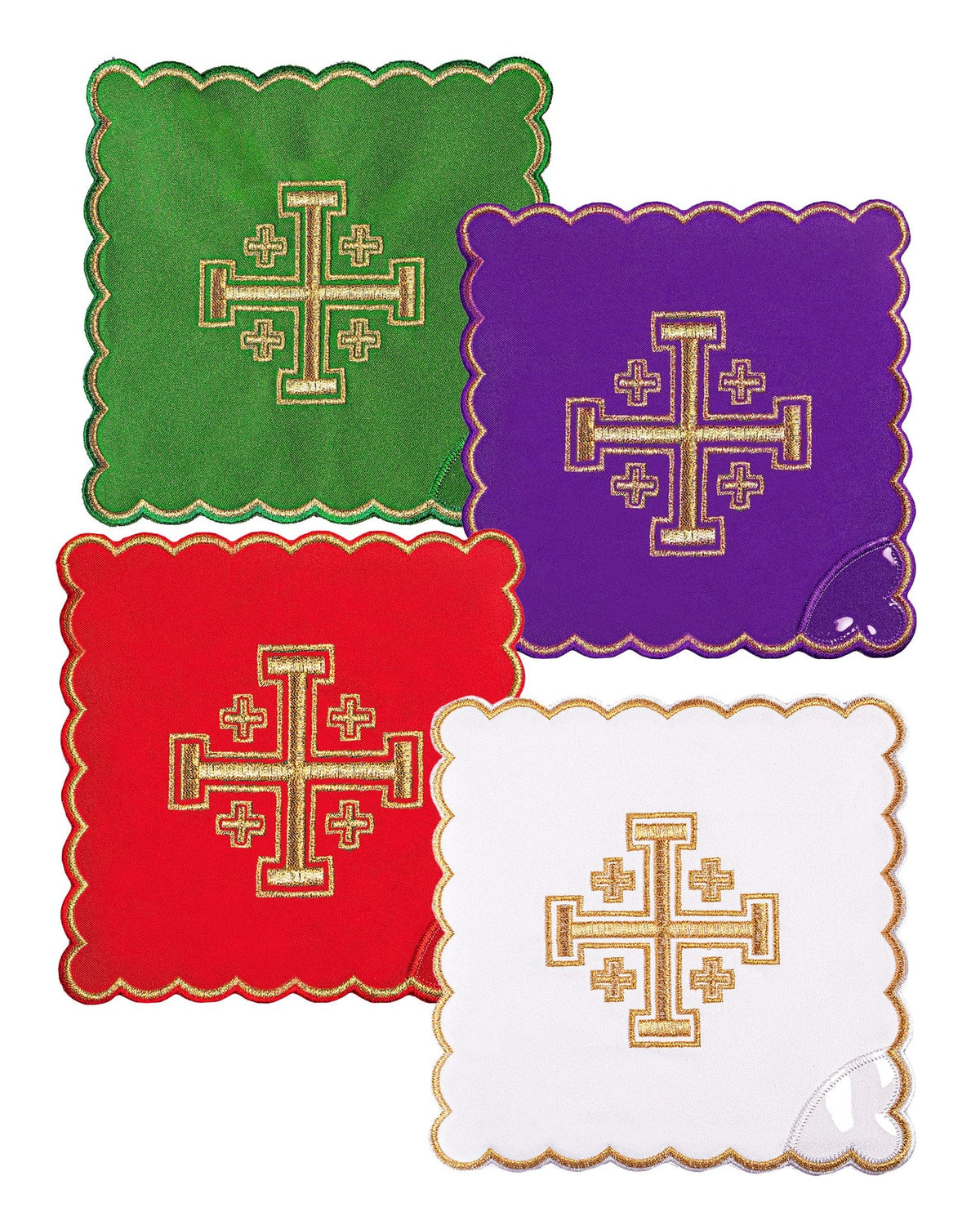Conjunto de quatro palas de cálice com bordado da Cruz de Jerusalém, nas cores verde, roxa, vermelha e branca