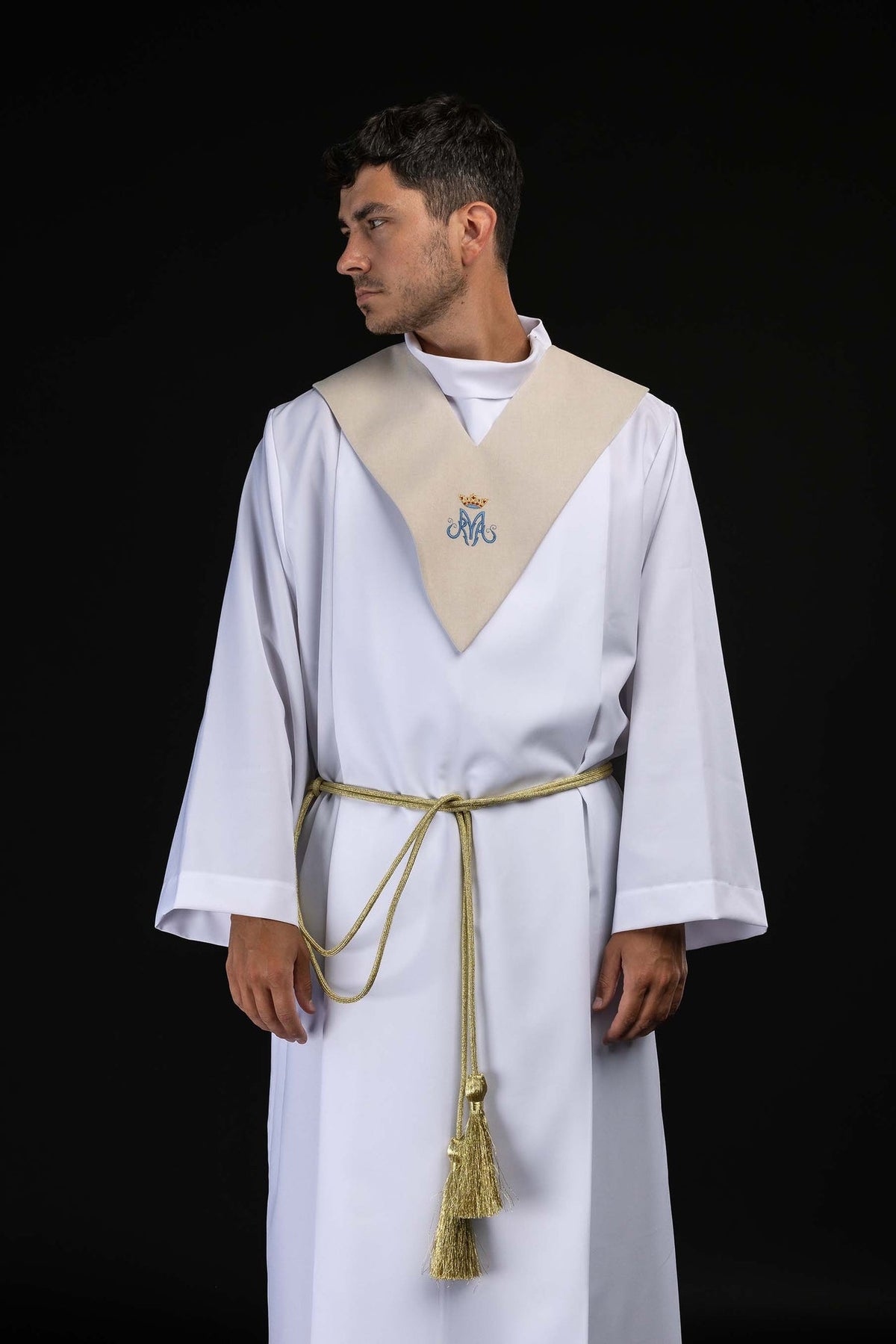 Pálio de leitor marfim ecru com bordado mariano, vista frontal lateral