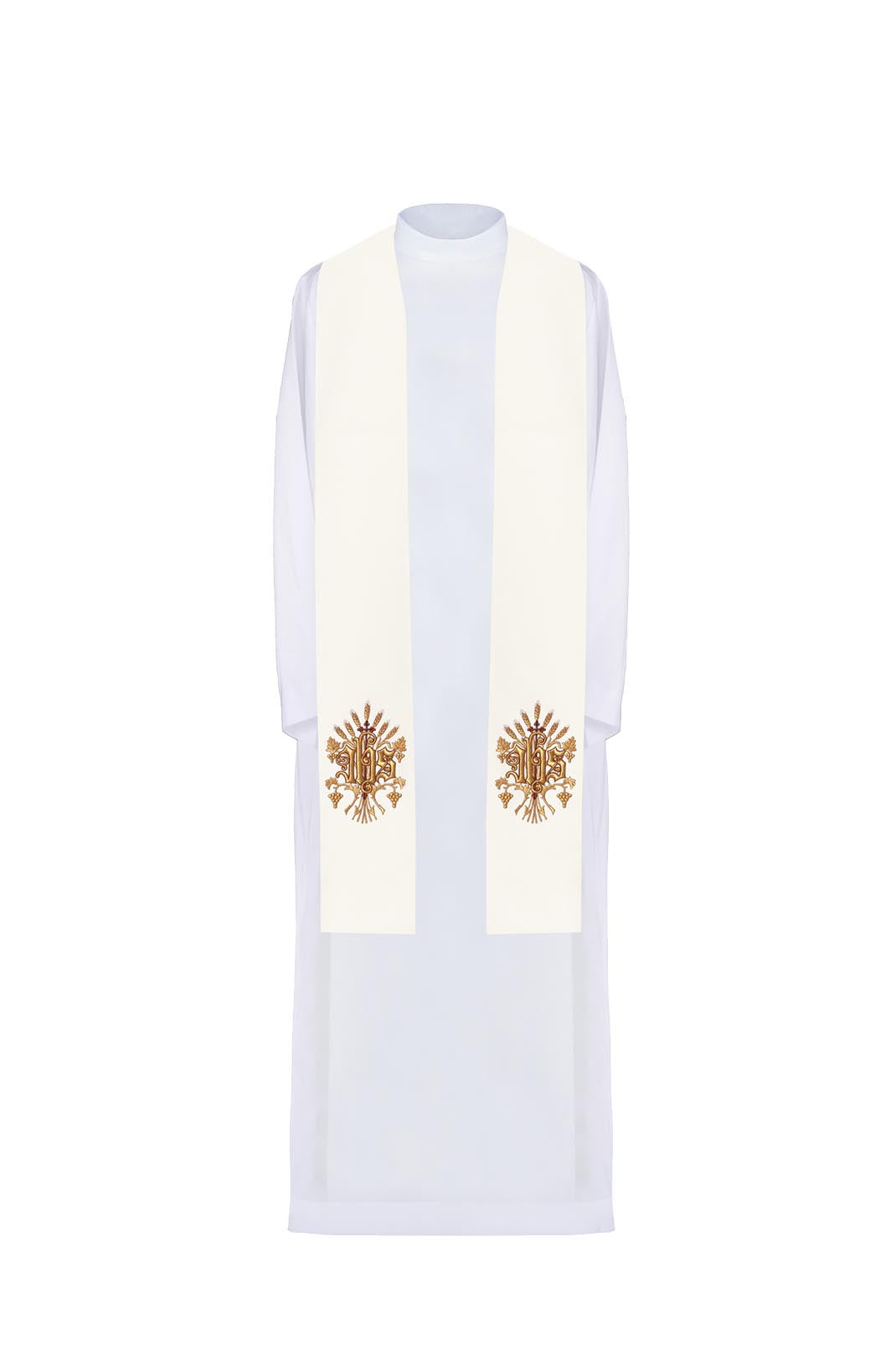 Estola sacerdotal de uma face com bordado IHS, vista frontal, em branco e dourado