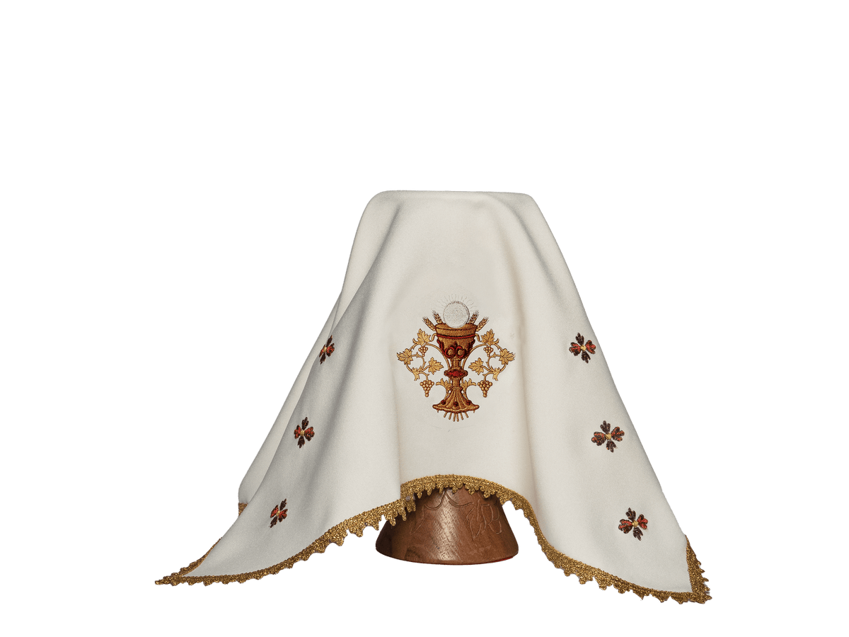 Véu de cálice com símbolo da Eucaristia, branco, com cálice e hóstia bordados e acabamento dourado