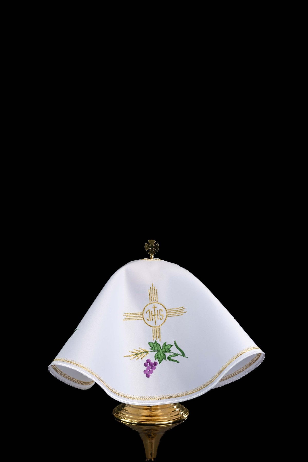 Véu de âmbula branco, vista frontal com monograma IHS, espigas e uvas