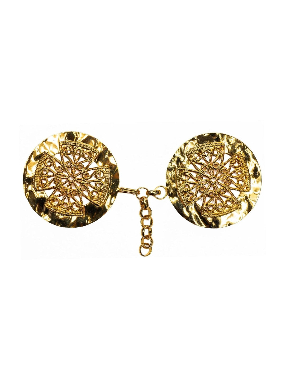 Broche dourado para capa de asperges e véu umeral com símbolo da cruz, vista frontal ornamentada
