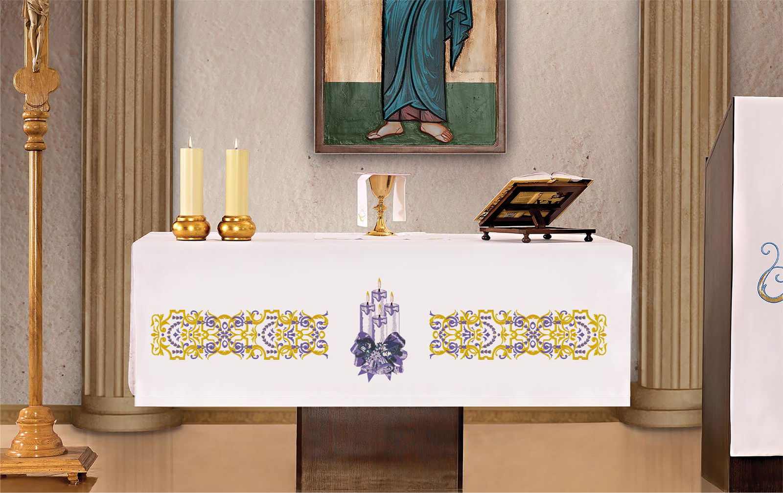 Toalha de altar com bordado de coroa do Advento