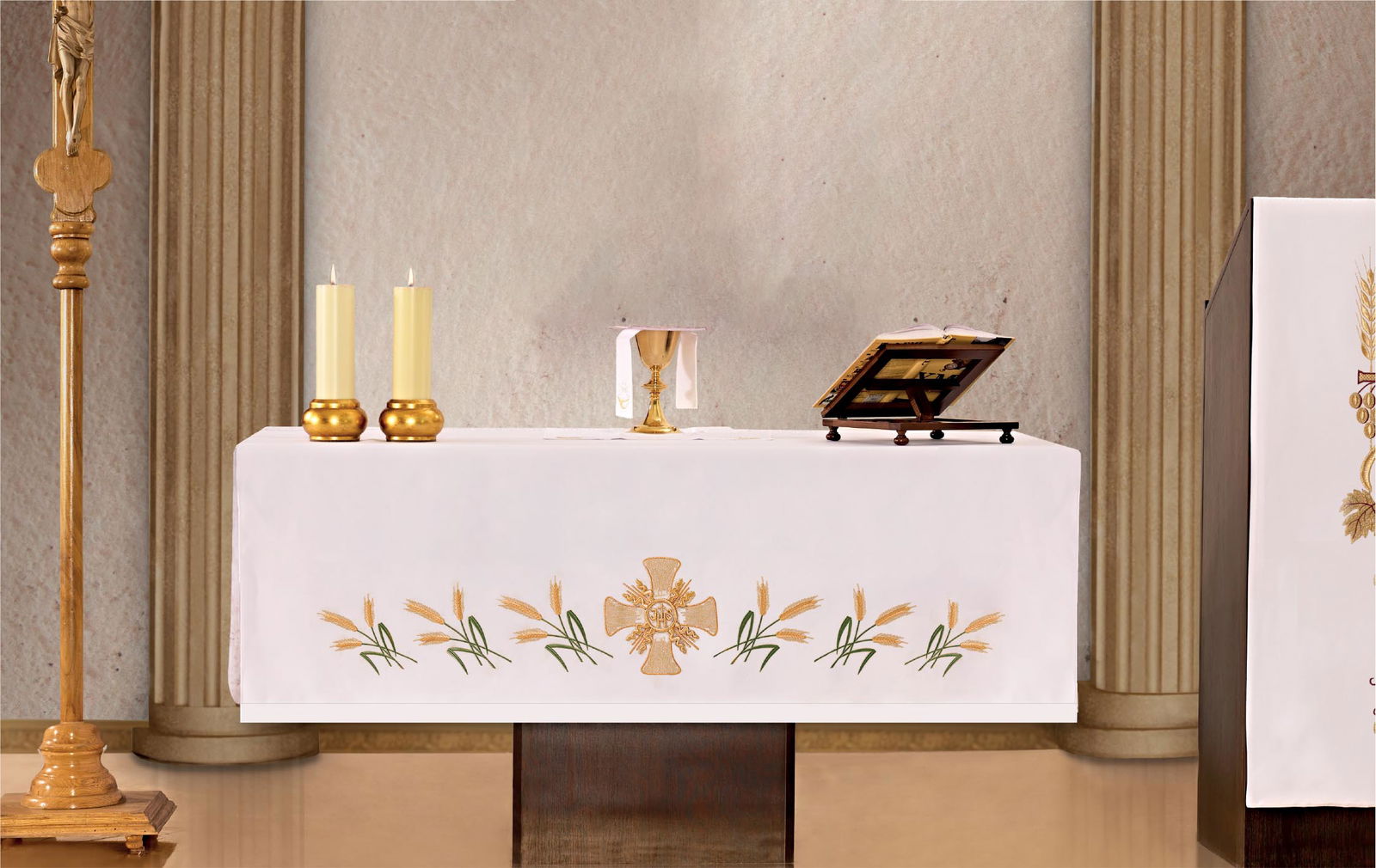 Toalha de altar com bordado frontal Cruz e Espigas