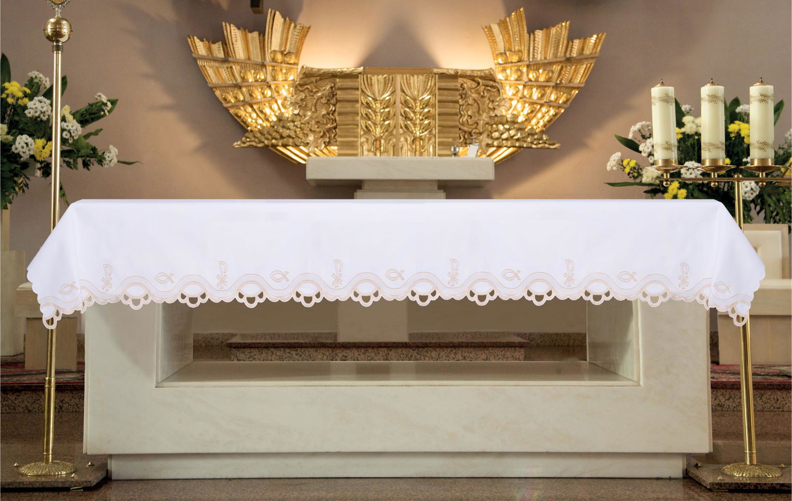 Toalha de altar com bordado frontal de motivo eucarístico