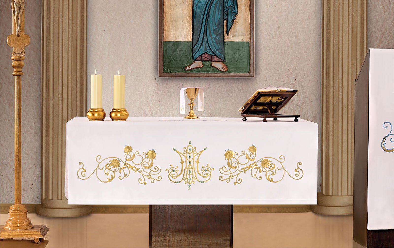 Toalha de altar com bordado frontal mariano
