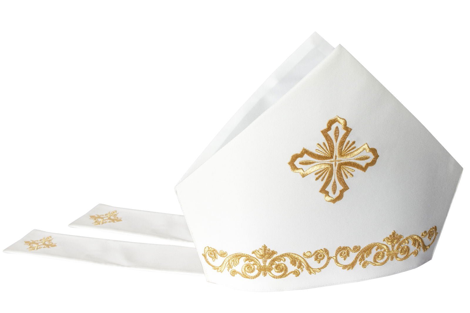 Mitra com bordado dourado de cruz