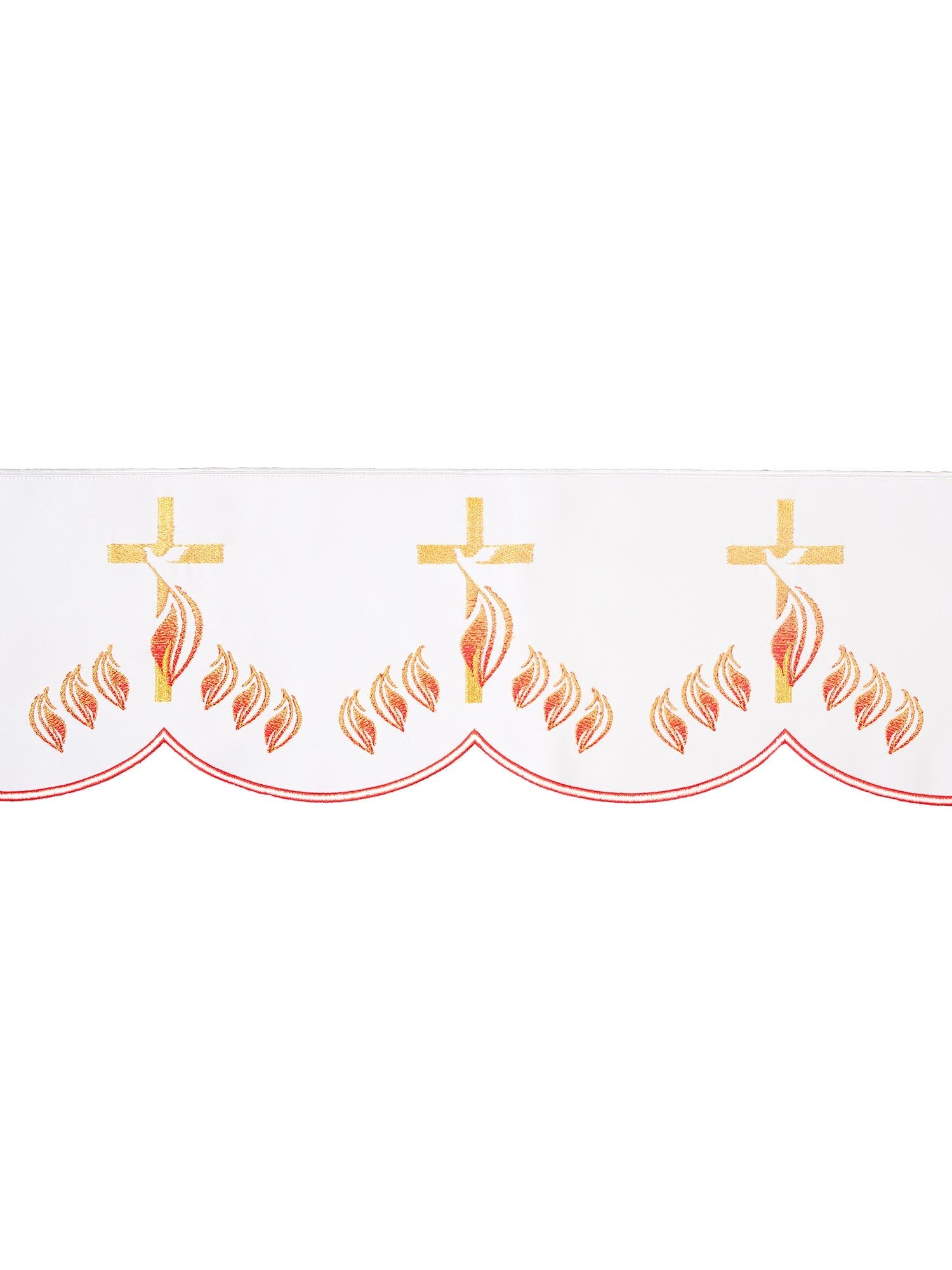 Tecido a metro para toalha de altar com bordado frontal Cruz com chamas, branco