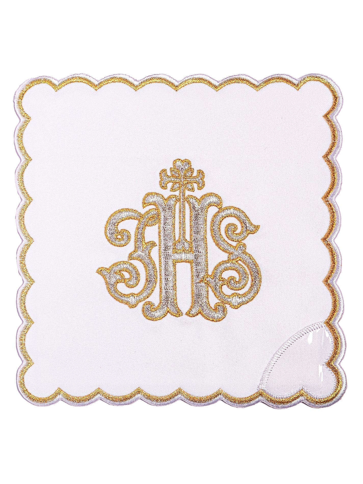 Conjunto de alfaias litúrgicas branco com bordado dourado IHS