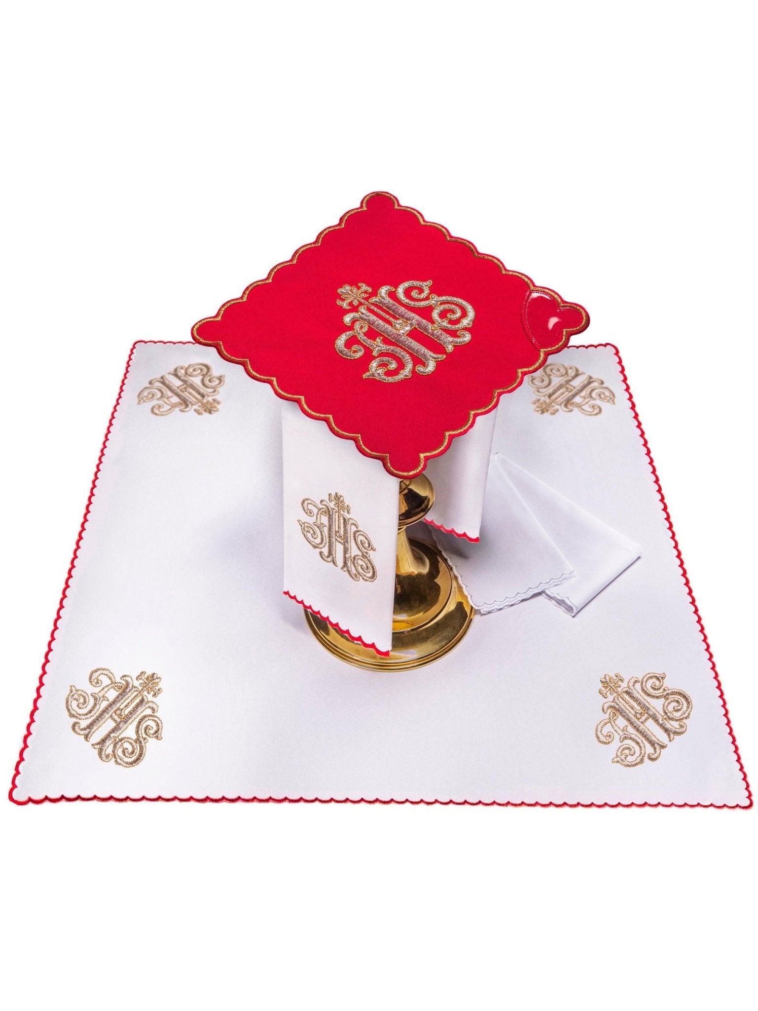 Conjunto de alfaias litúrgicas vermelho com bordado IHS dourado