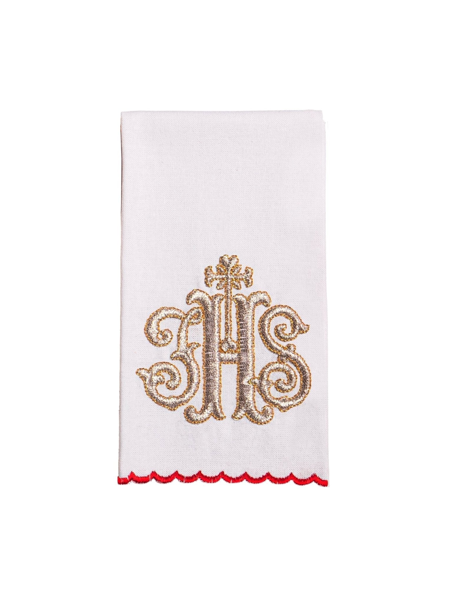 Conjunto de alfaias litúrgicas vermelho com bordado IHS dourado
