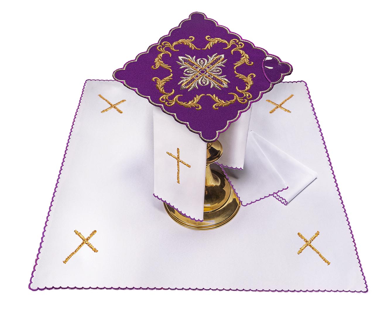 Conjunto de alfaias litúrgicas roxo com bordado de cruz dourada