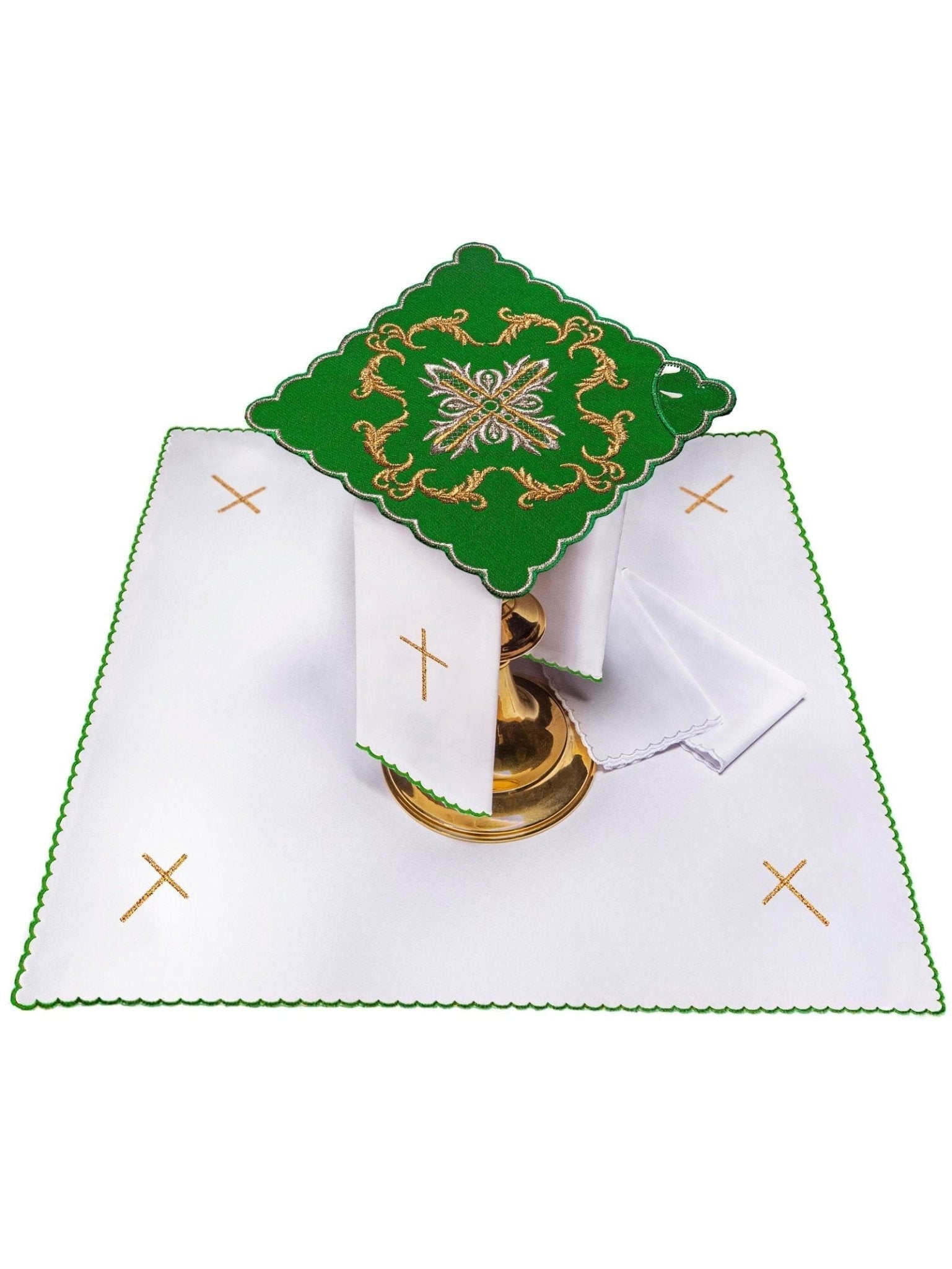 Conjunto de alfaias litúrgicas verde bordado com cruz