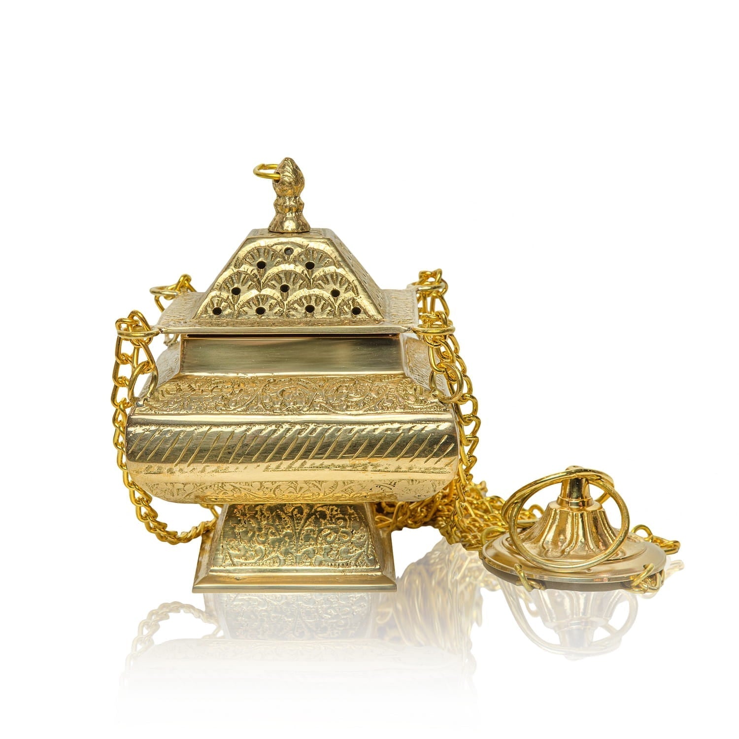 Turíbulo de latão com ornamentos para uso litúrgico - chasubles.com.br