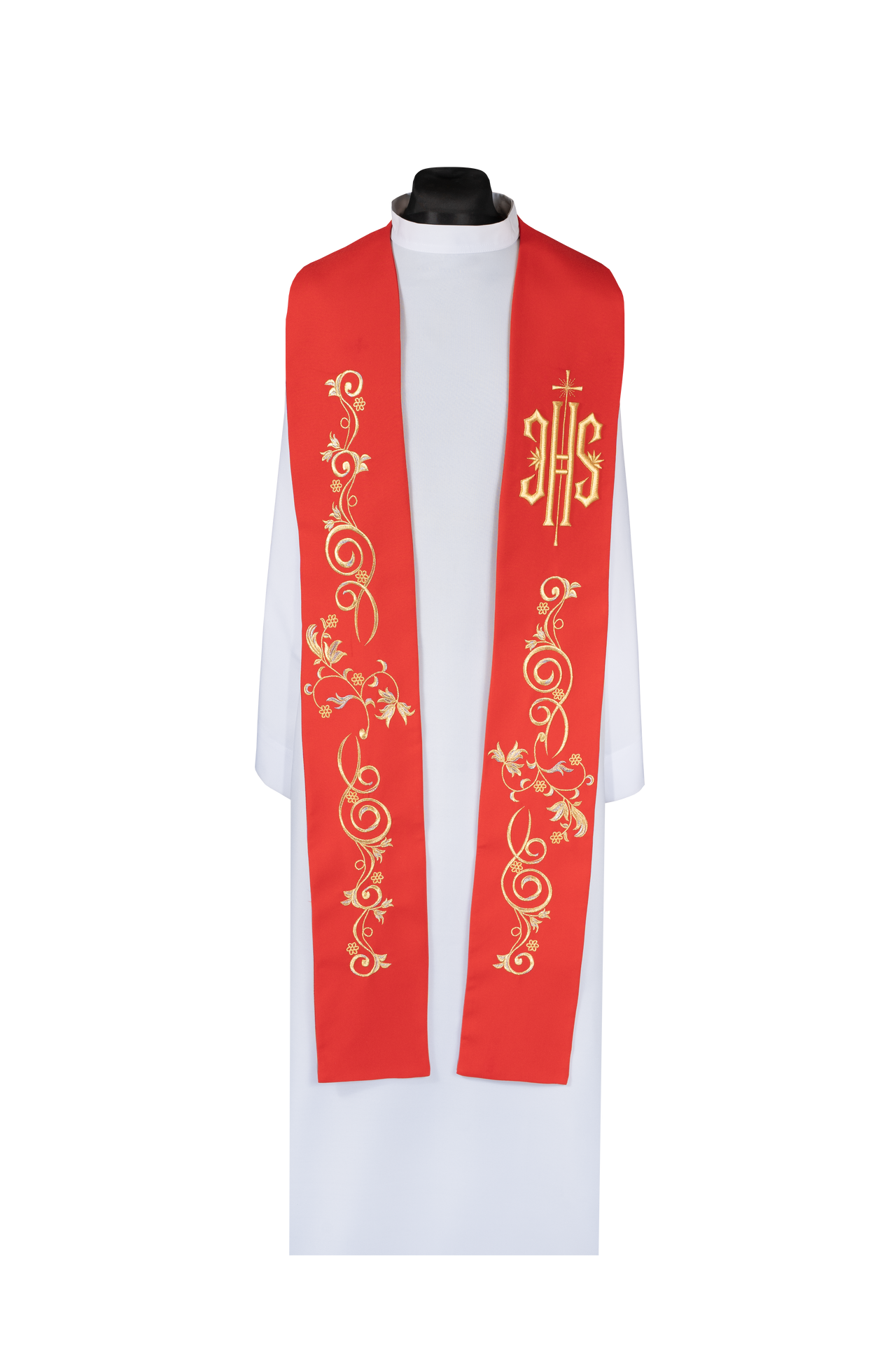 Estola sacerdotal bordada IHS vermelha - chasubles.com.br