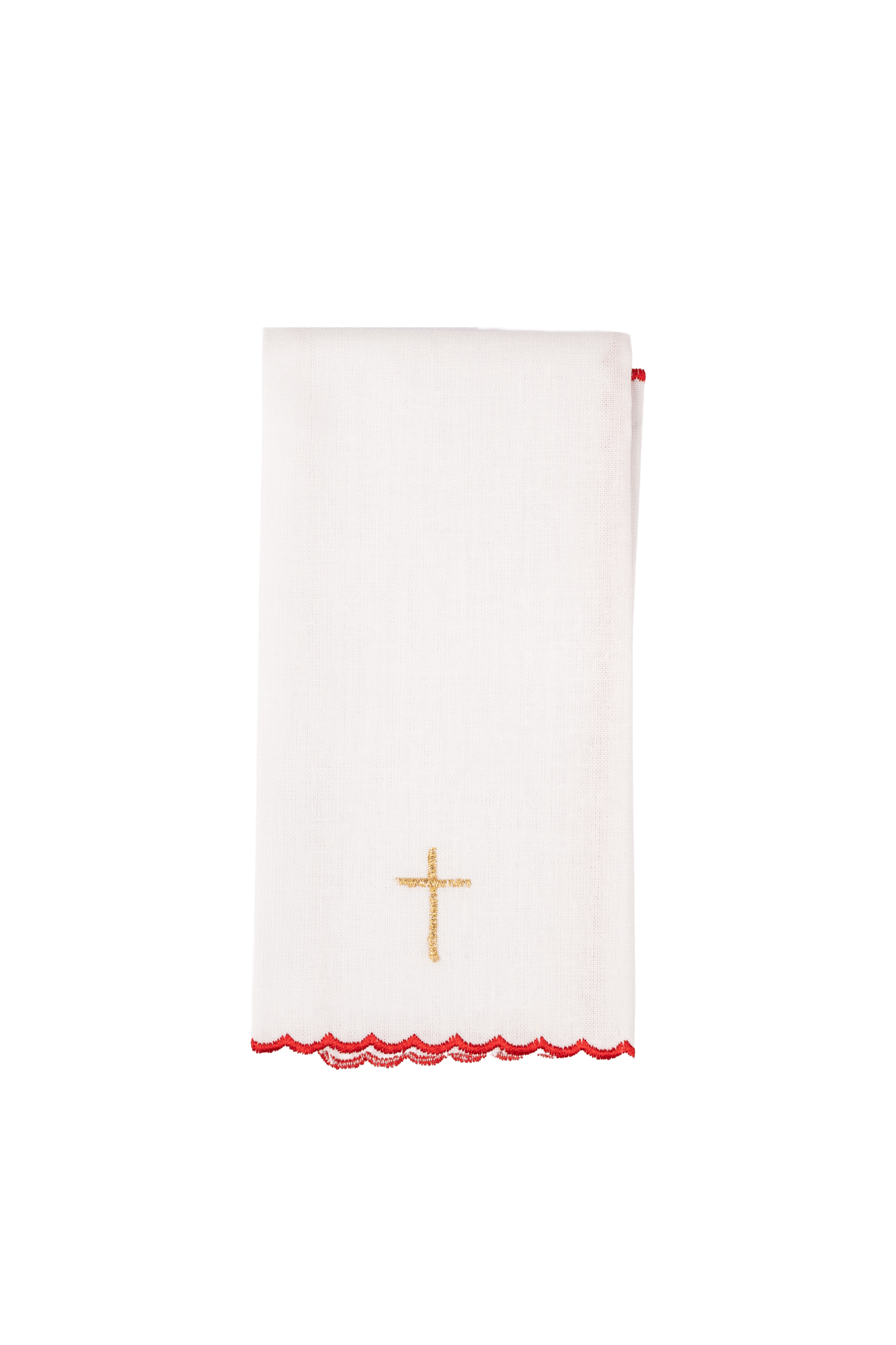 Conjunto de alfaias litúrgicas bordado com motivo de cruz vermelho