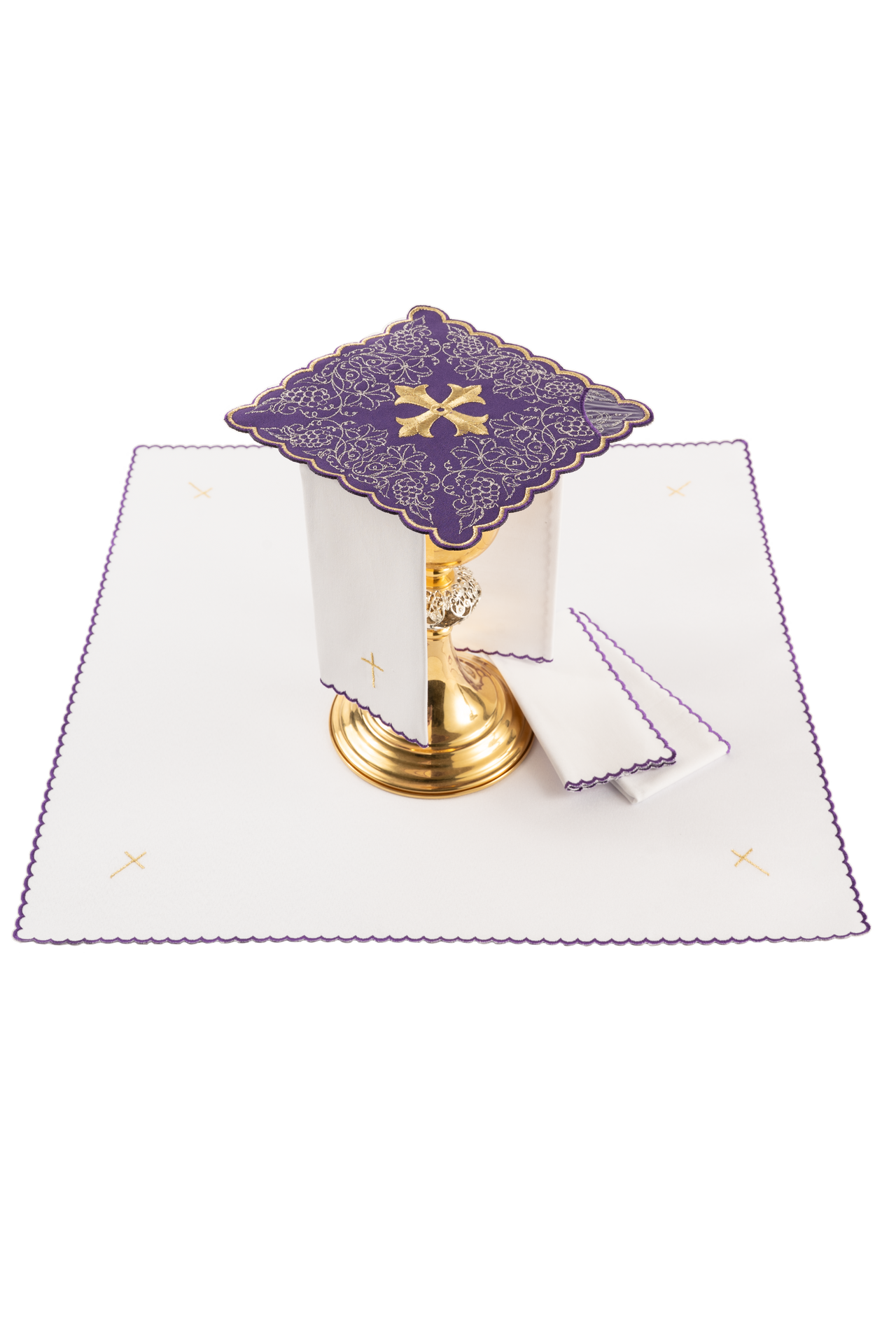 Conjunto de alfaias litúrgicas roxo com bordado de cruz