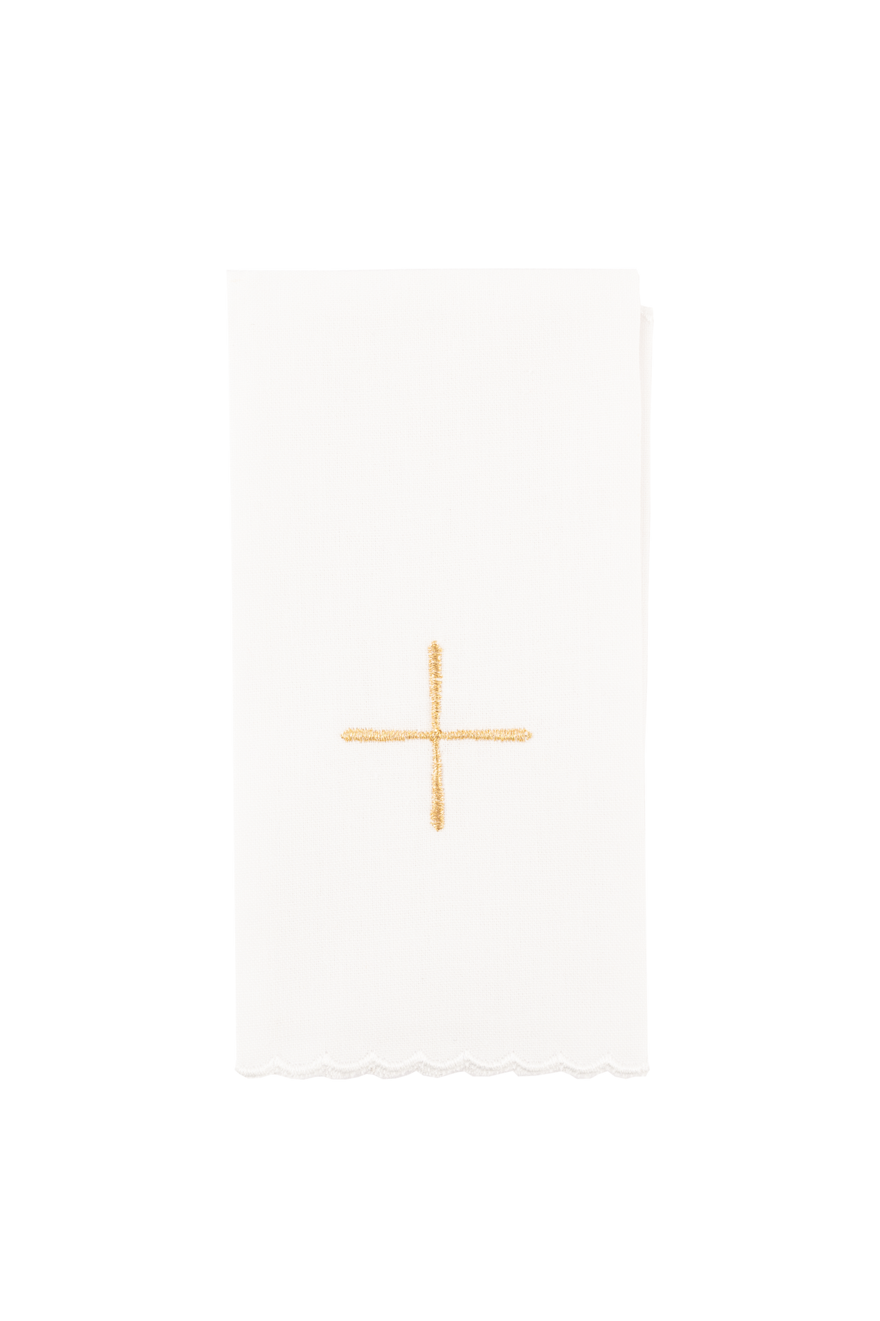 Conjunto de alfaias litúrgicas creme: pala de veludo com bordado do sol eucarístico sobre um cálice dourado, corporal branco com cruzes, sanguíneo e manutérgio.