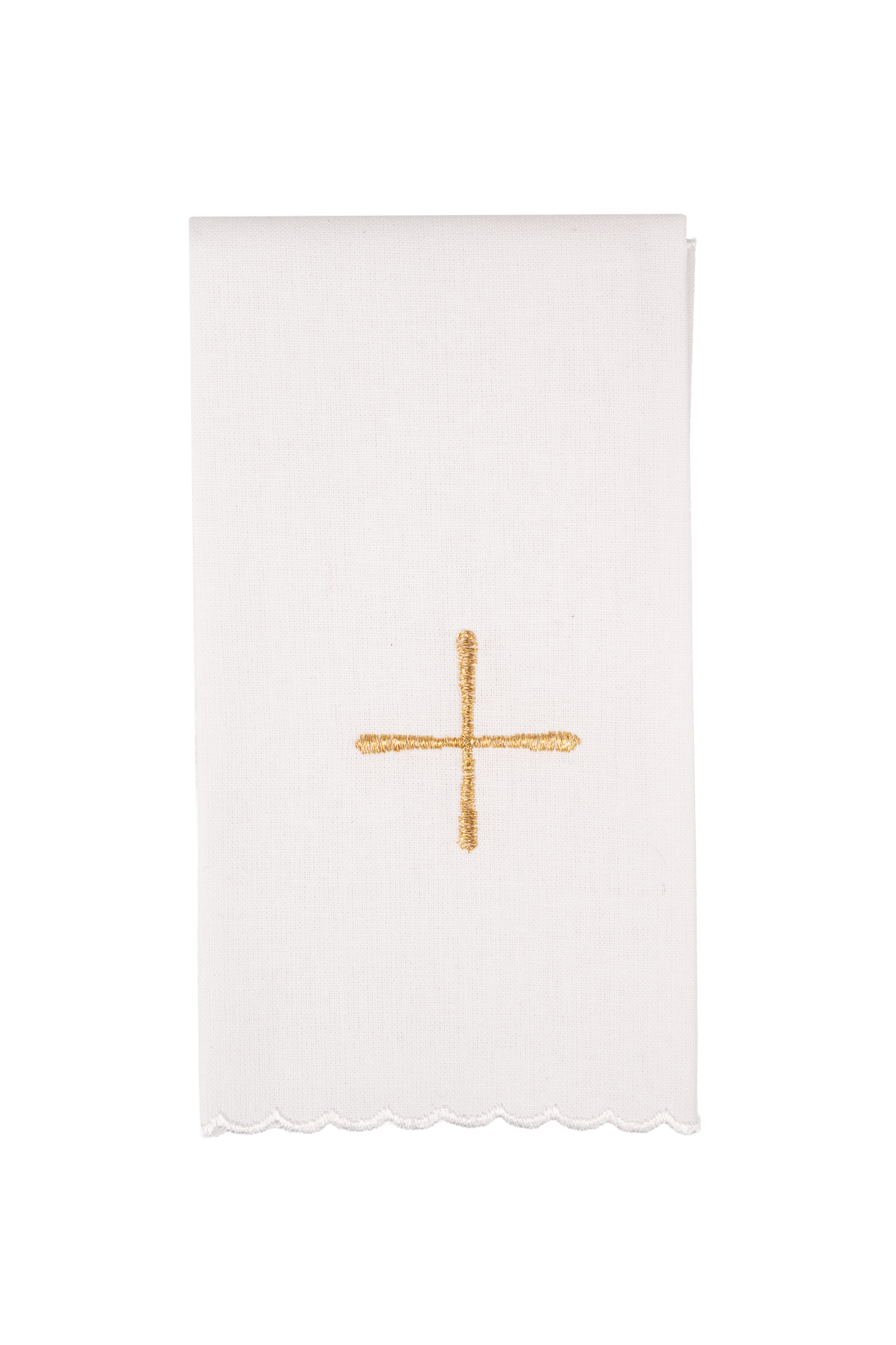 Conjunto de alfaias litúrgicas verde: pala de veludo com bordado de cruz rosácea sobre um cálice dourado, corporal branco com cruzes, sanguíneo e manutérgio.