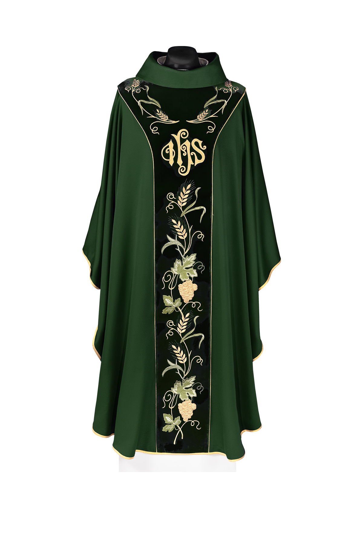 Casula com faixa verde de veludo e bordado IHS