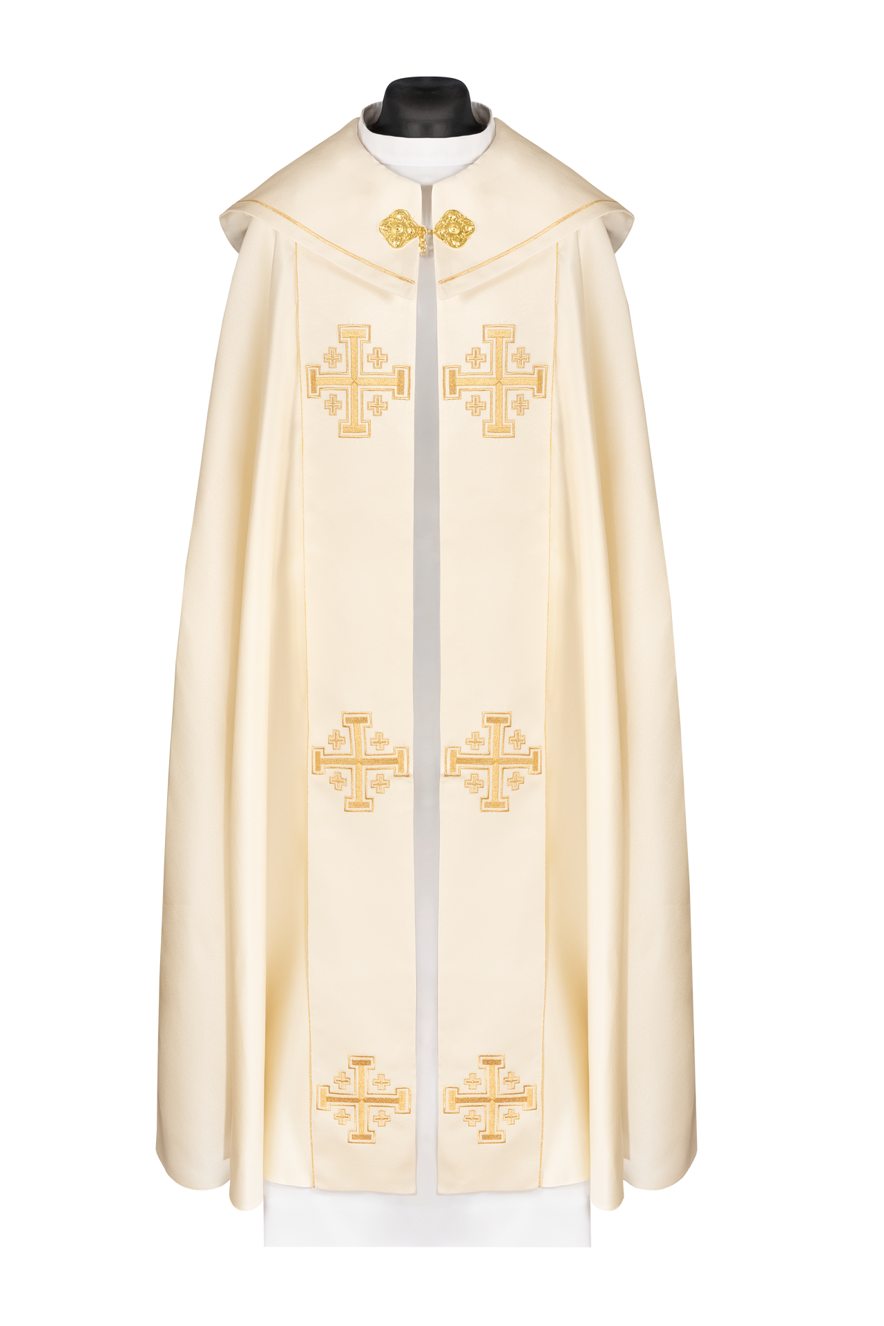 Capa de asperges litúrgica creme com faixa e bordado de cruzes
